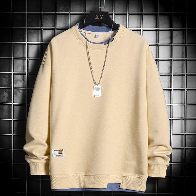 Men's Trendy No-Hood Round Neck Pullover: Autumn/Winter Long-Sleeved Fake Two-Piece Loose Fit Hoodie