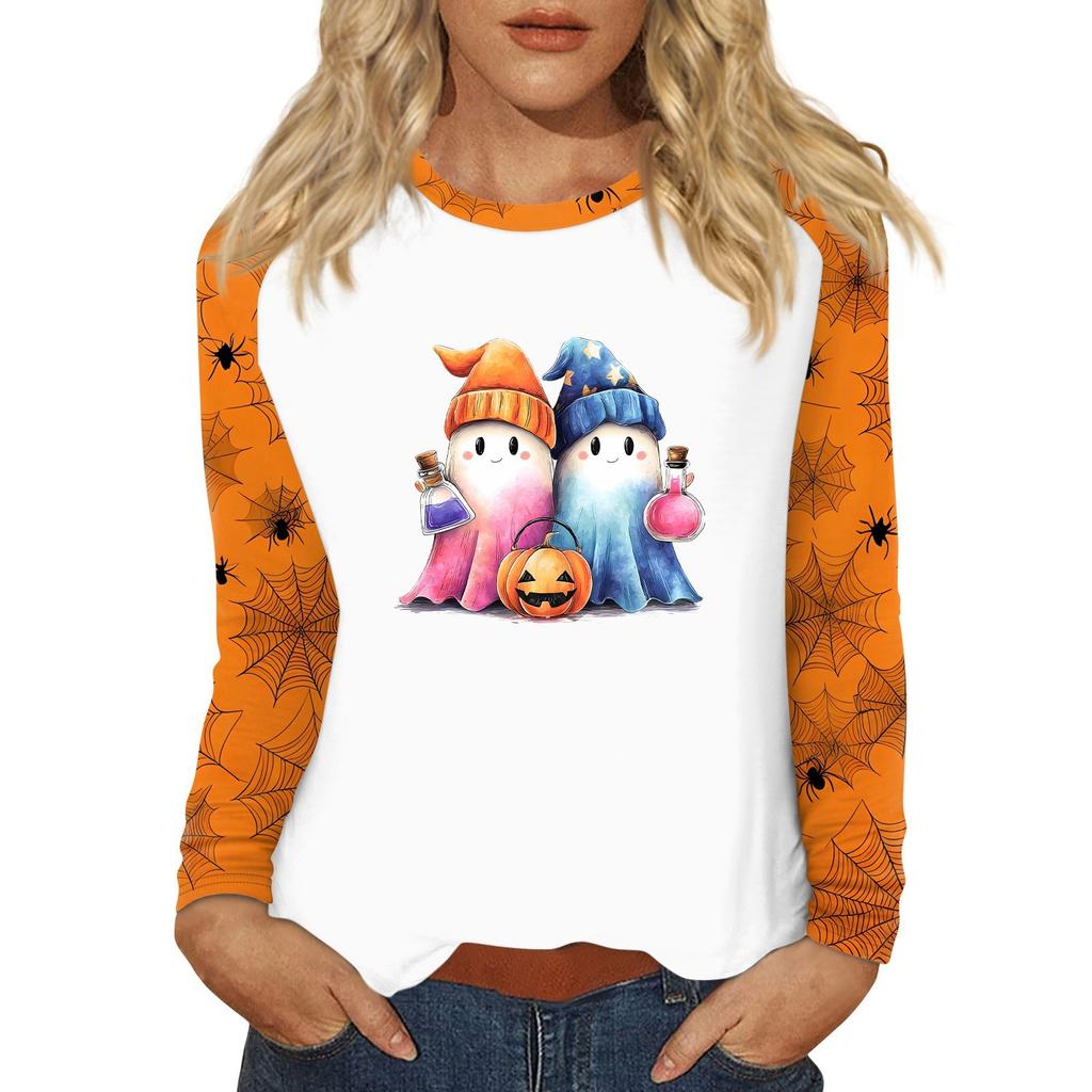 Women's T Shirt Halloween Print Long Sleeve Daily Fashion Basic Round Neck Raglan Sleeve Top