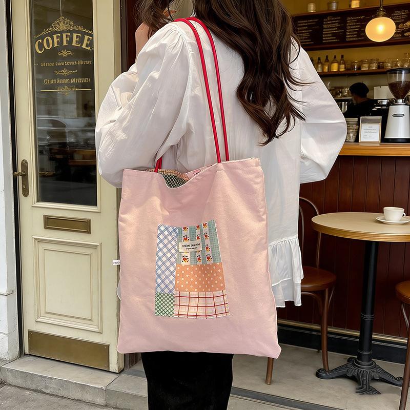 Trendy Korean Floral Print Shoulder Bag Spring New Double Sided Casual and Simple Commuting Bag Lightweight Canvas Tote Bag