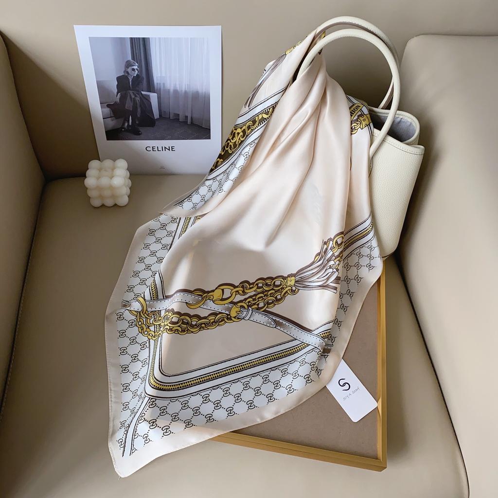 Silk scarf female stripe black and white printing spring and summer new decoration simple fashion simulation silk square scarf