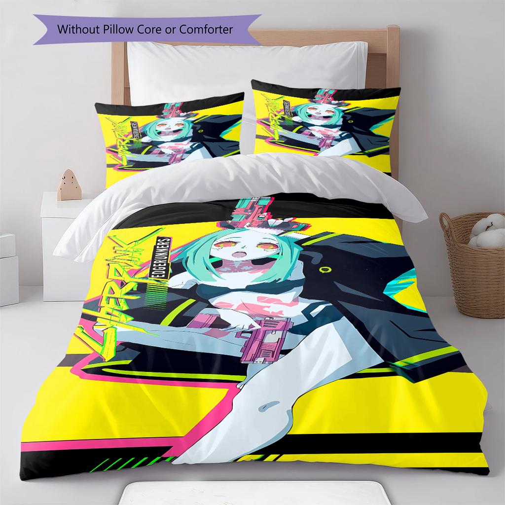 Cyberpunk Edgerunner Muster Bettwäsche, Steppbett Set Bettbezug Kissenbezug Zuhause Geburtstagsgeschenk (1 Bettbezug + 2 Kissenbezüge, ohne Füllung)