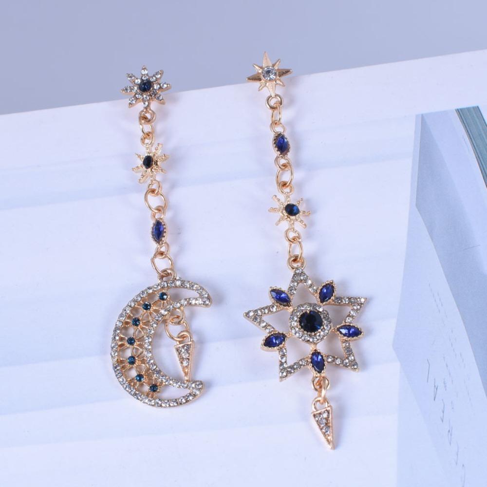 Charm Luxury Geometric Hollowout Blue Crystal Sun Star Moon Long Dangle Earrings for Women Korean Designer Earrings Jewelry Gift