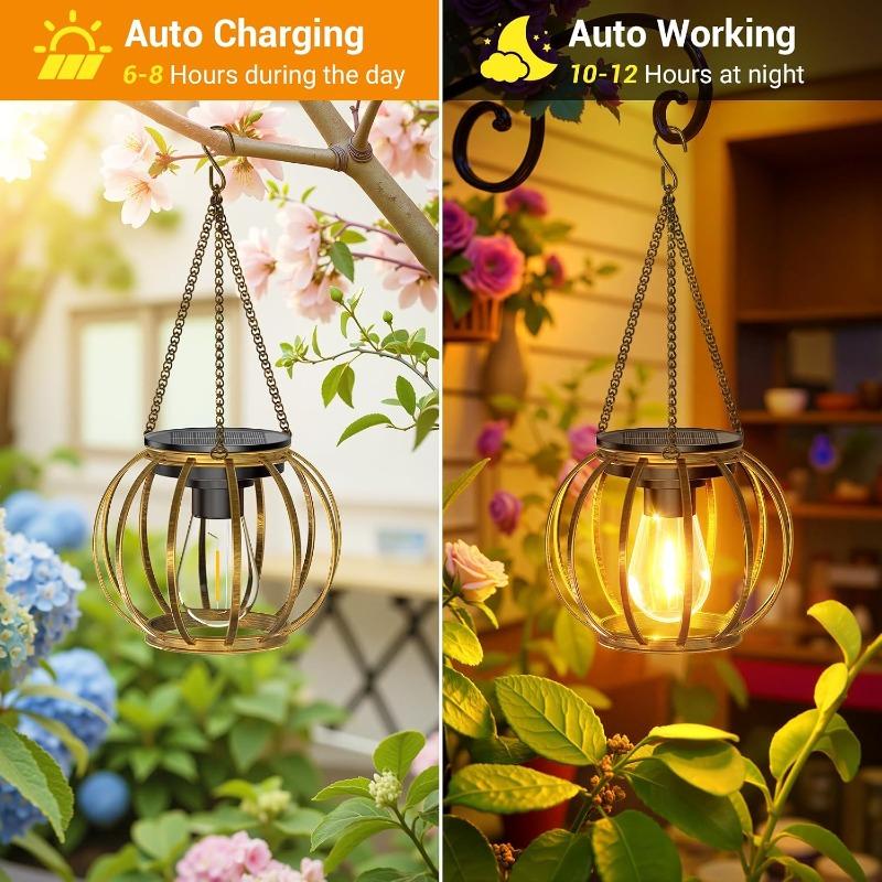 Solar Lanterns Outdoor Waterproof Metal Hanging Lights with Hooks Auto On/Off Warm Lighting for Porch Garden Yard Pathway Patio Landscape Decor