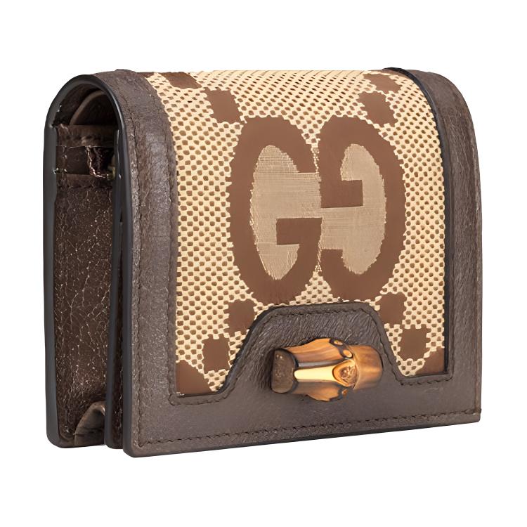 Gucci Diana Bamboo Buckle Jumbo Super Double G Logo Double Fold Canvas And Leather Card Wallet Women Wallet Ebony Camel Brown 658244-UKMBT-2572