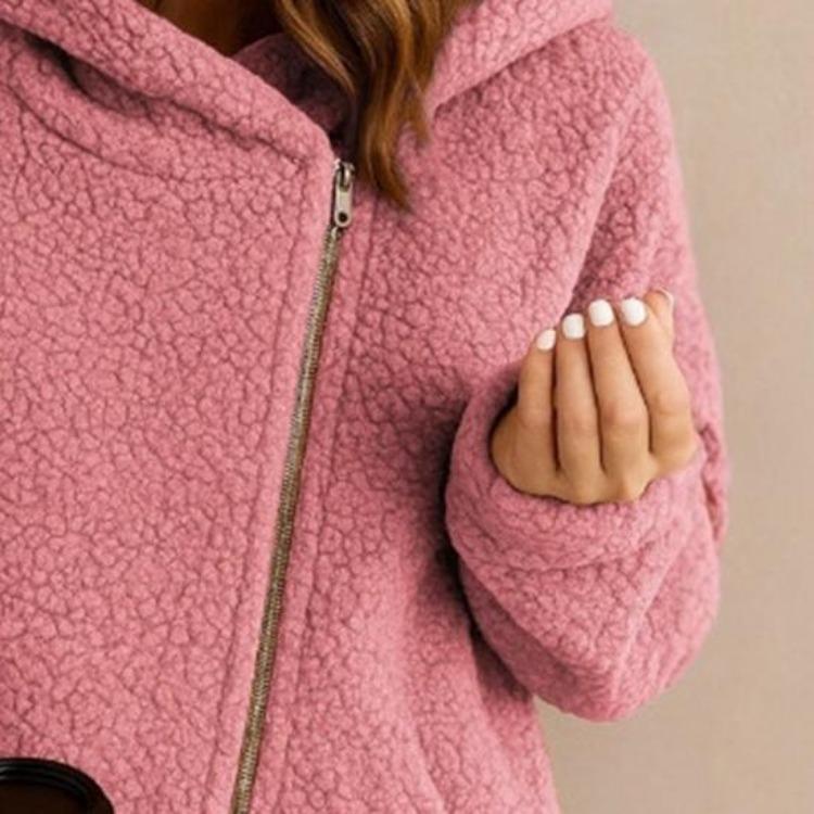 Fuzzy Hooded Sherpa Coat Womens Fleece Jacket Long Sleeve Oblique Zip Up Fall Winter Outerwear With Pockets