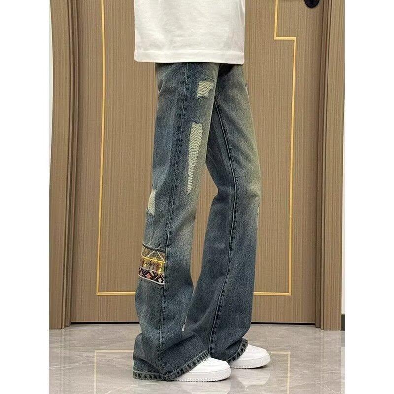 Джинсы с пэчворком в этническом стиле Мужские Американский Ретро Брюки Cleanfit Драпировка Прямые и Слегка Зауженные Брюки Трендовые S синий