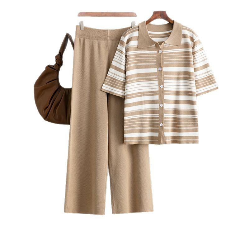 Fashion Knitted Suit Women's Summer New Striped Loose Short-sleeved Top + Casual Pants Two-piece Set