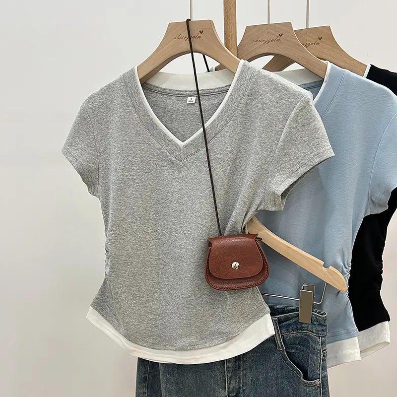 

Color Block V-Neck Ruched Waist Slim Fit Short Sleeve Top - Women s Korean Style Summer T-Shirt. Extra Large серый
