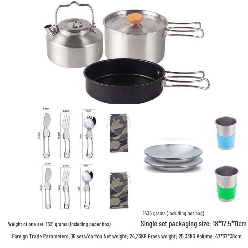 3-Piece 304 Stainless Steel Camping Cookware Set: Kettle, Frying Pan, Cooking Pot with Utensils