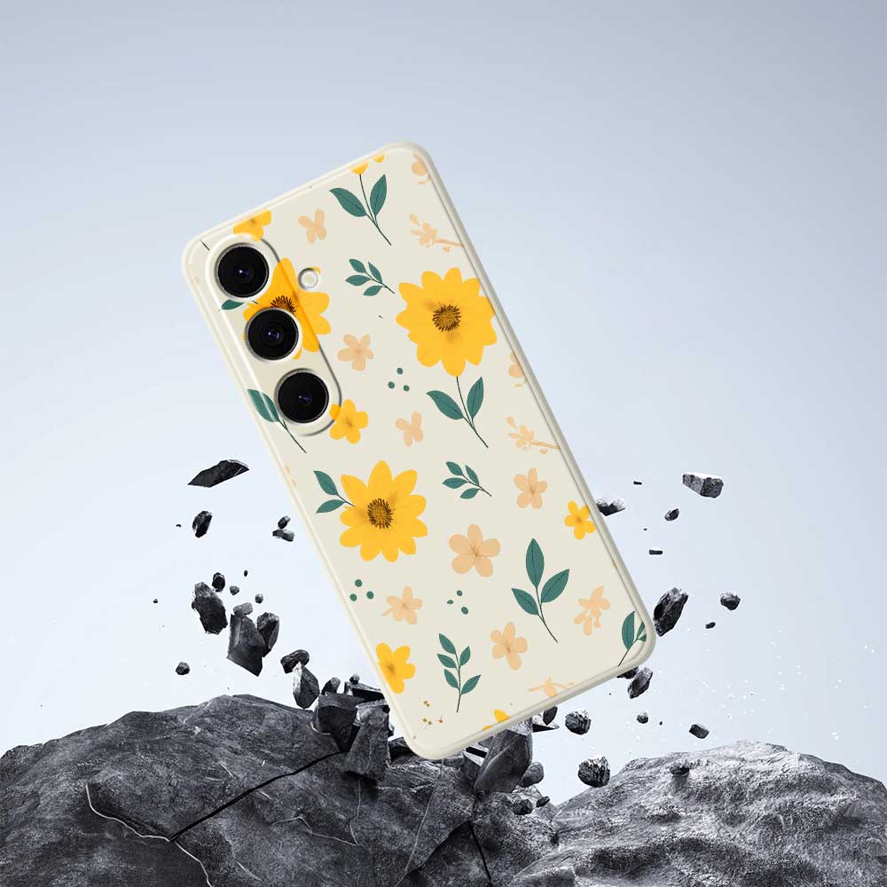 For Samsung Galaxy S25+ Case Yellow Floral and Leaves Pattern Printing Straight Edge TPU Phone Back Cover