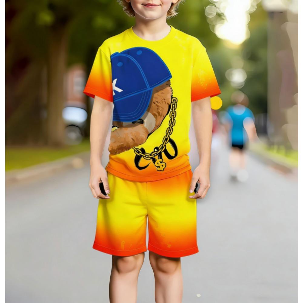 Europe and America Funny Bear Fashion Men's Set Summer Men's T-shirt and Shorts 2 Piece Set Outdoor Casual Men's and Women's Outfit
