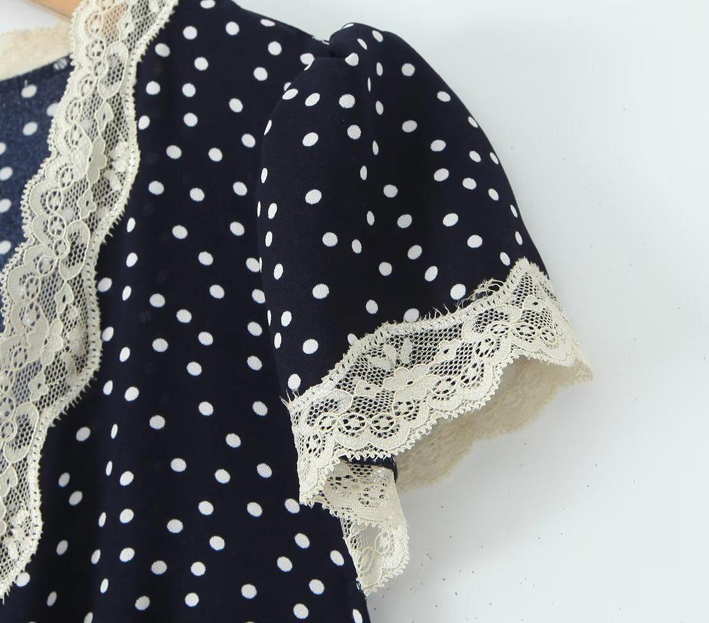 Elegant French Polka Dot Long V-Neck Lace Dress - Women's Summer 2026 Slimming Short-Sleeve Skirt.