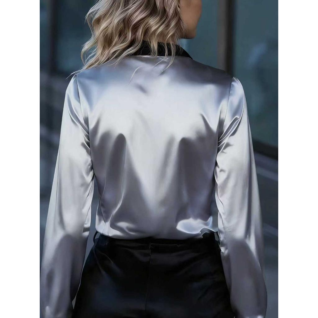 Spring Women's Colorblock Satin Long Sleeve Shirt Commuter Elegant Blouse For Crossborder