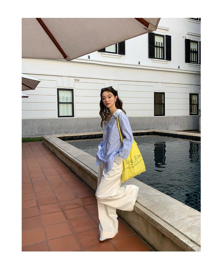 Thirteen Lines Spring 2025 French Style Off-Shoulder Striped Shirt for Women C3056