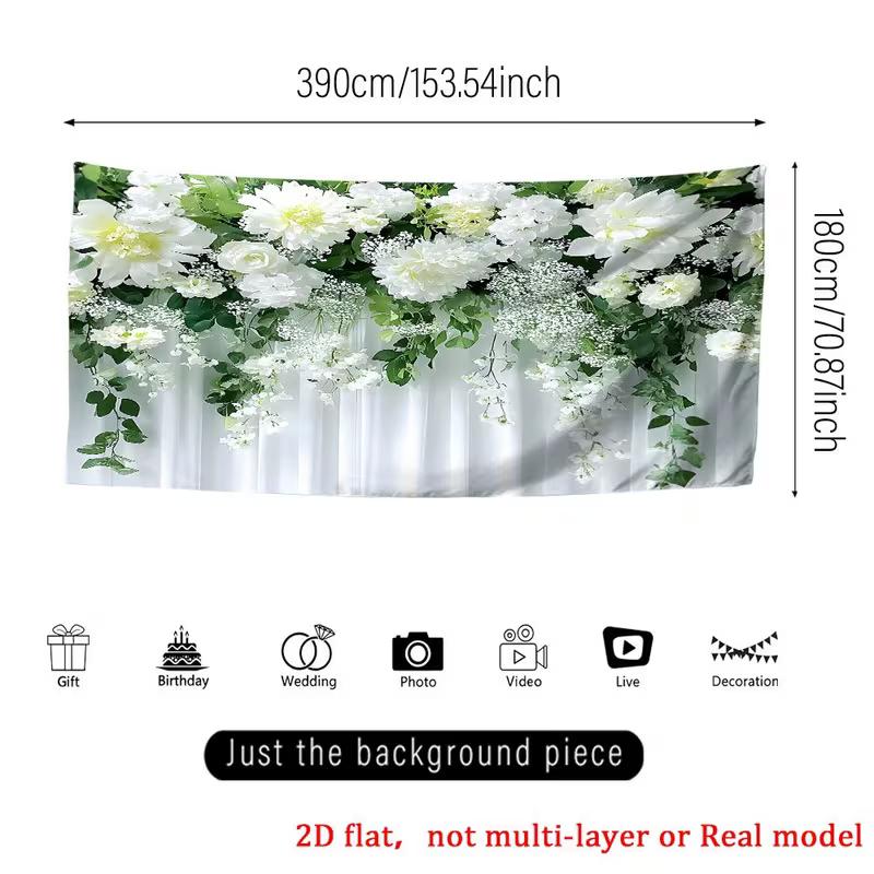2D White Hydrangea & Green Leaves Backdrop Curtain Style Floral Background for Photoshoot