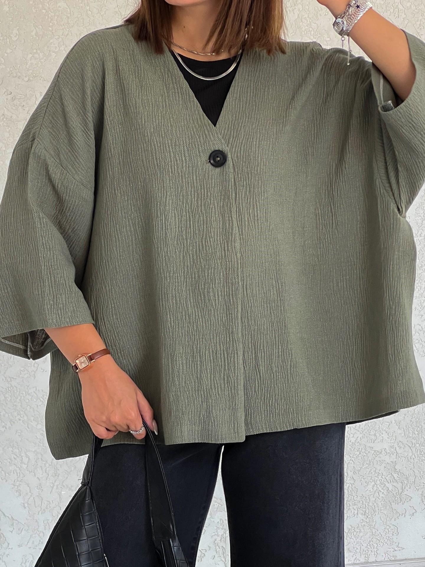 

Осень 2025 Европейский и американский однотонный свободный плиссированный топ с коротким рукавом XL армия зеленый