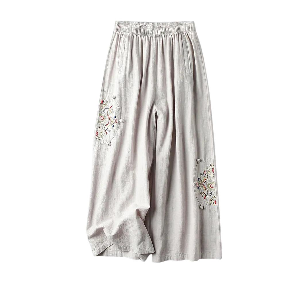 Women's Casual Loose Fit Cotton Linen Blend Lightweight Vintage Ethnic Embroidered Wide Leg Pants Versatile And Flattering 9/10 Length Cropped Pants