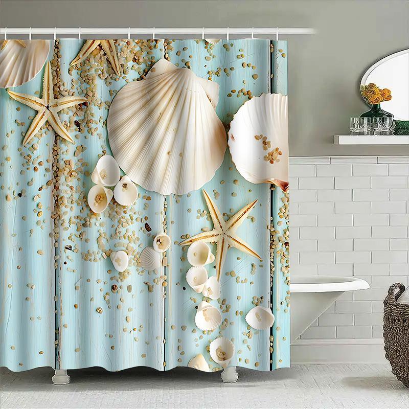 Beach Theme Shower Curtain Decorative Bathroom Set With Sea Shells And Starfish Design - Elegant And Refreshing Home Decor