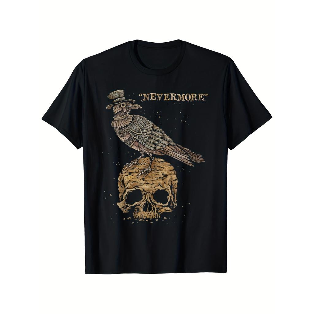 Men's Vintage Gothic Steampunk Raven & Skull Graphic T-Shirt Edgar Allan Poe Nevermore Print