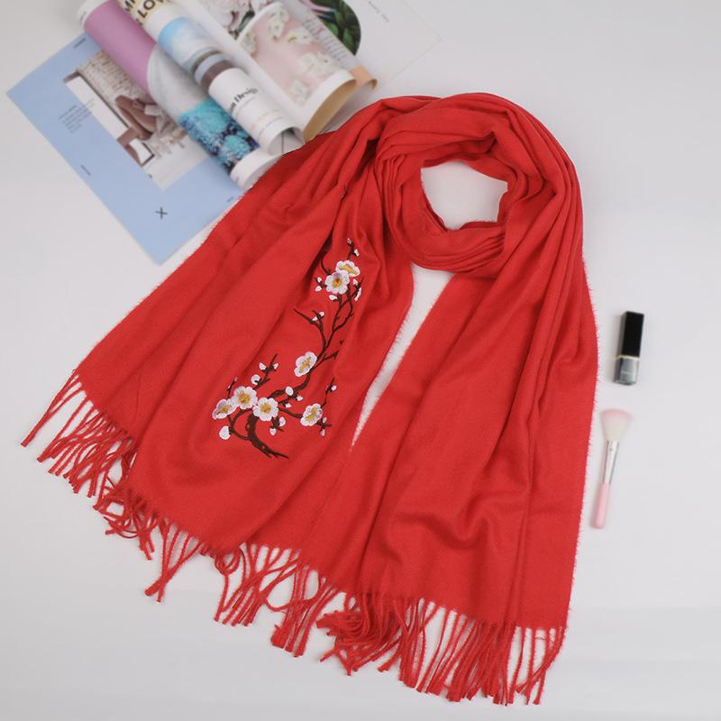 Autumn and winter new plum blossom wool scarf women's versatile tassel fashion flower warm solid color shawl women