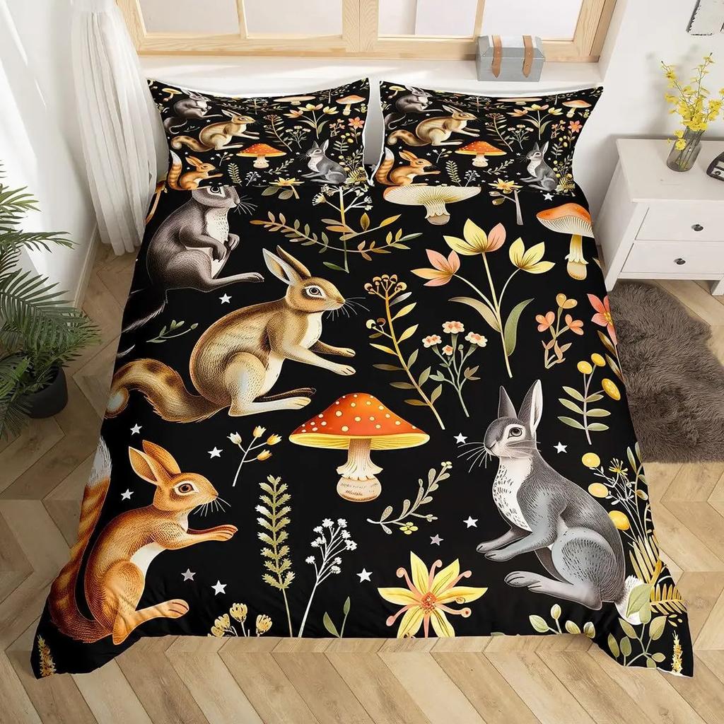 Mushroom Forest Animal Duvet Cover Set, Vintage Botanical Wildlife Bedding, 3D Printed Soft Microfiber Quilt Cover Pillowcase