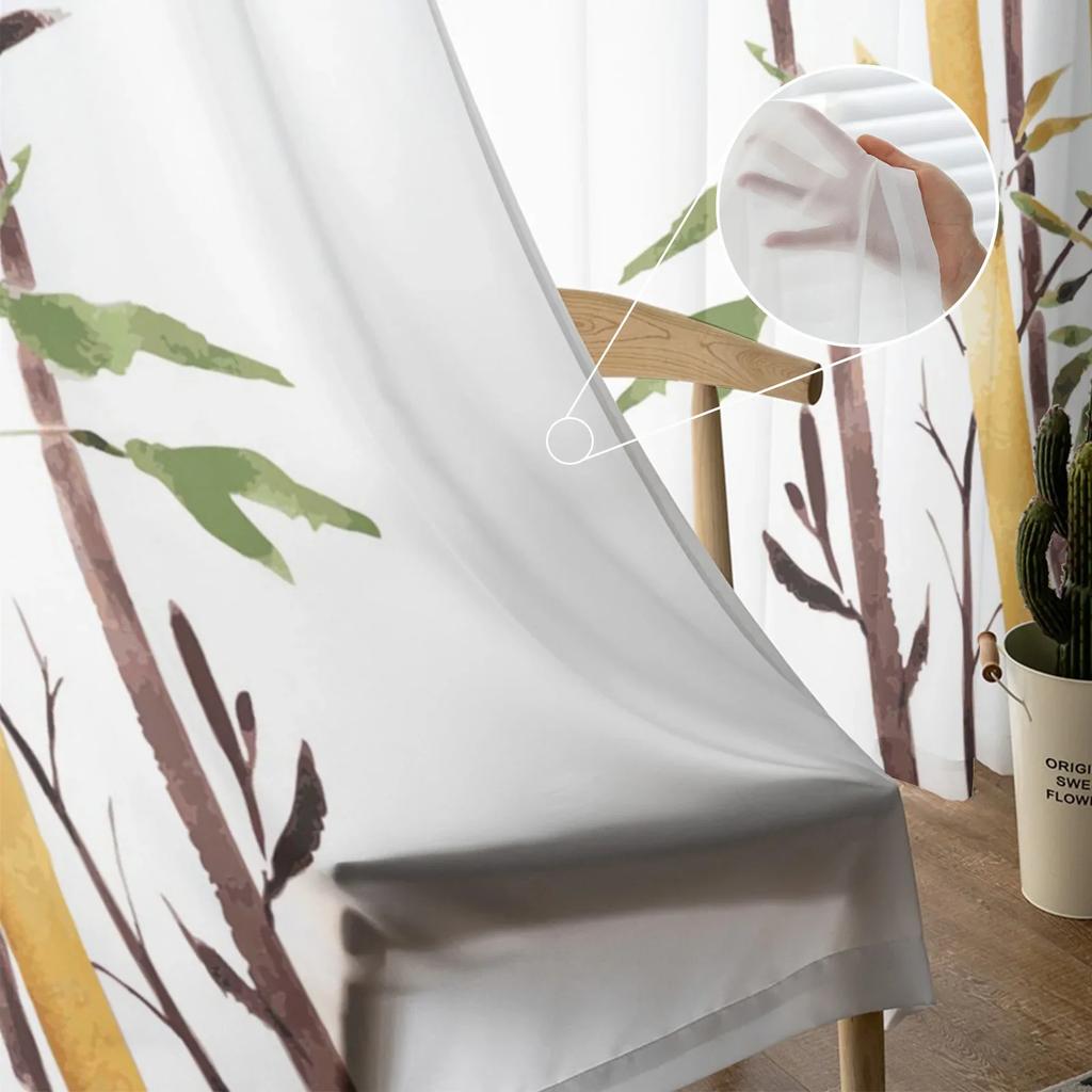 Bamboo Watercolor Painting Plant Art White Tulle Sheer Curtains for Living Room Bedroom Window Curtain Voile Organza Drapes