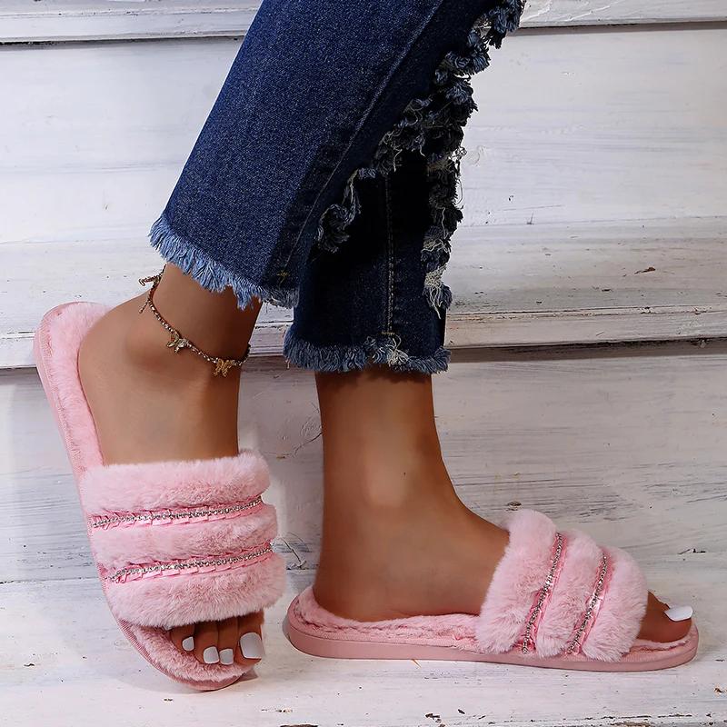 Módní Módní Hrubé Huňaté Ploché Pantofle pro Ženy Domácí Ploché Pohodlné Pantofle Žena Zimní Protiskluzové Sandály Odolné proti Opotřebení Ženské