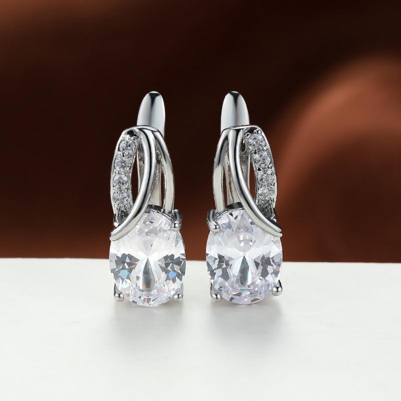 Women Teardrop Oval Cubic Zirconia Silver Huggie Hoop Clip Earrings 1pair белый
