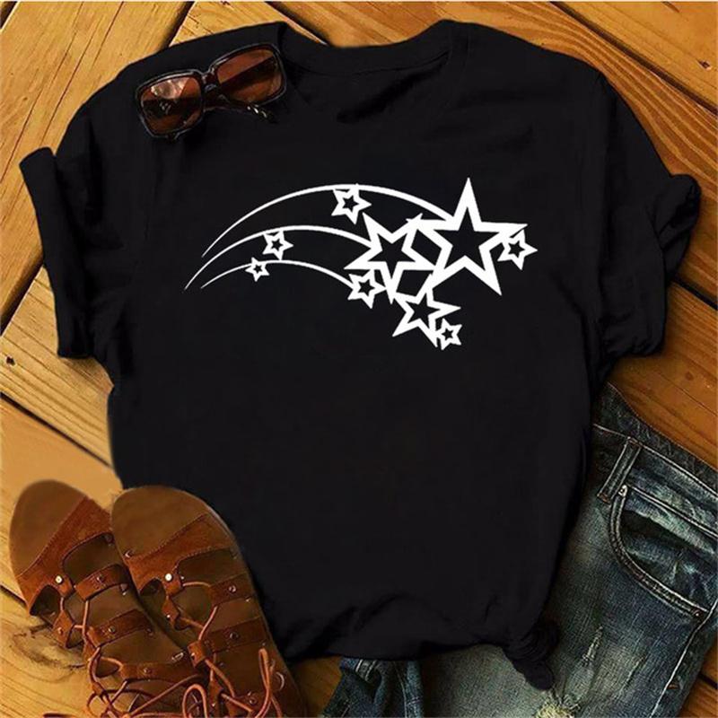 Maycaur Woman Star Moon Print Harajuku Summer Tshirts Casual Round Neck Short Slee Top Tee Shirt Women Black T-shirt Drop Ship