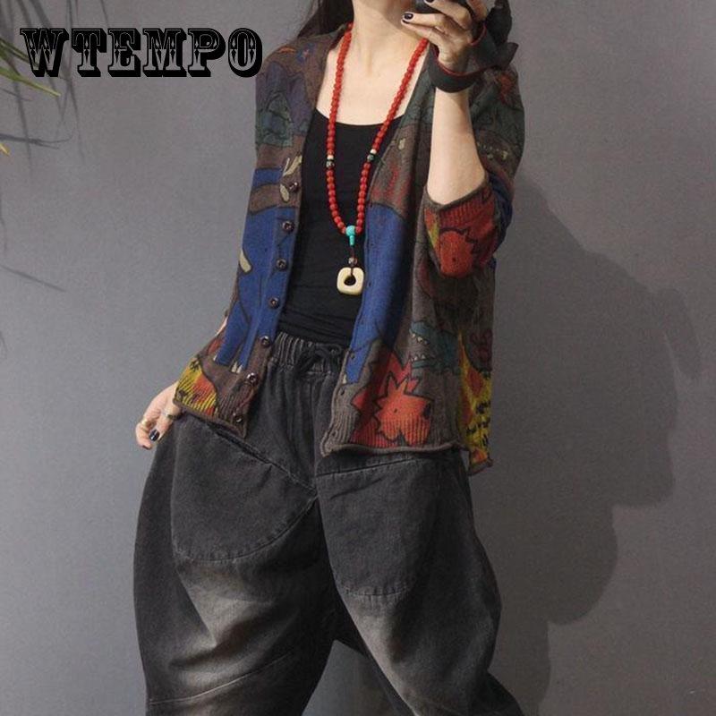 

Винтажный вязаный кардиган с этническим принтом, женский свободный вязаный свитер большого размера, куртка-пальто