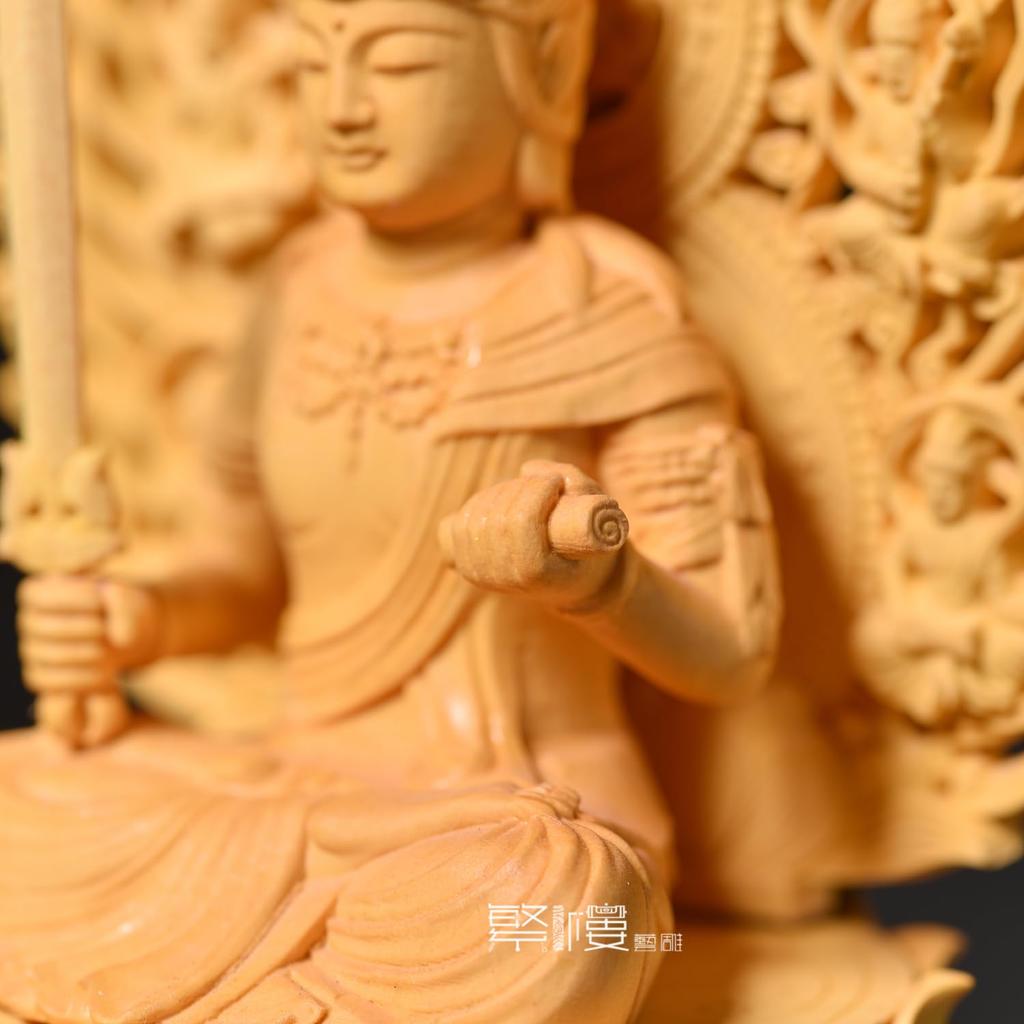 Hanro Art Sculpture Manjushri Bodhisattva Buddhist Altar Buddha Statue Wood Carving Tsuge Tree Flying Heavenly Halo Lotus Pedestal Year of the Rabbit