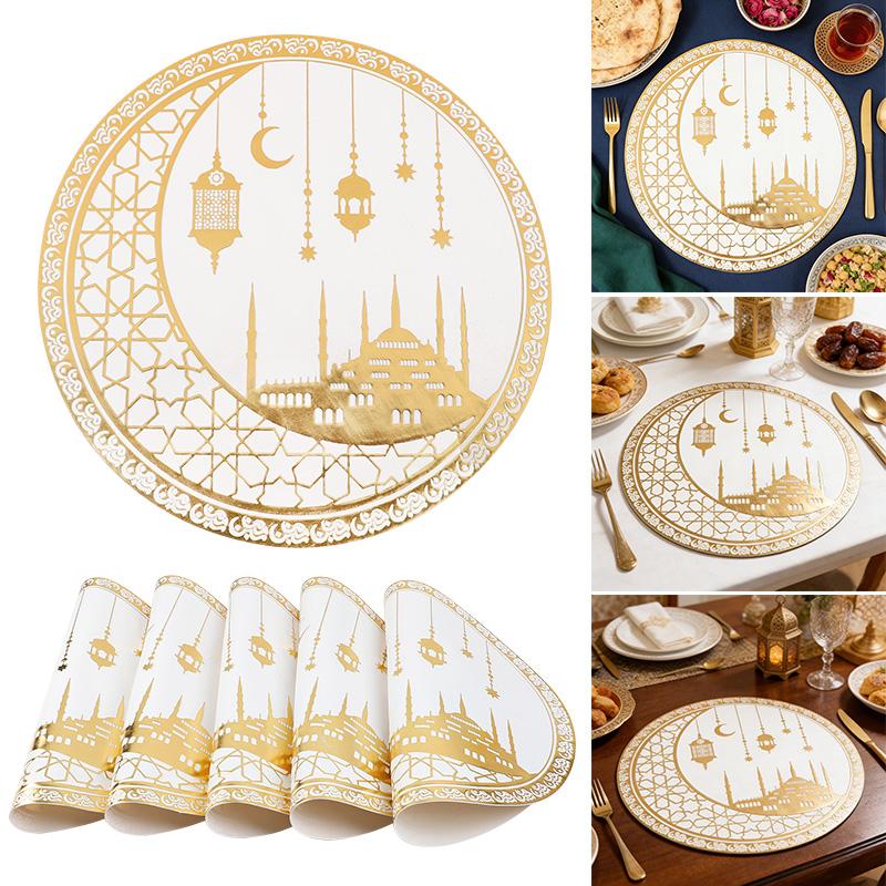 1/4 pièces Tapis de Table Eid Mubarak Ramadan Kareem Lune Dorée Tapis de Table en PVC pour Festival Musulman Islamique Fête Décoration de Table Maison Cadeau