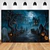 Halloween Full Moon Suburbs Cemetery Backdrop Scary Skull Castle Pumpkin Lantern Family Festival Party Decor Photo Background