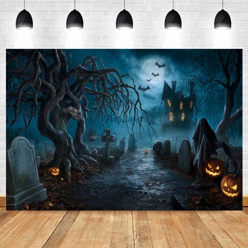 Halloween Full Moon Suburbs Cemetery Backdrop Scary Skull Castle Pumpkin Lantern Family Festival Party Decor Photo Background
