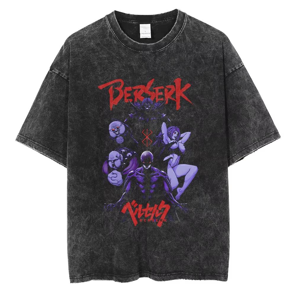 Berserk Anime Guts Charakter Vintage Gewaschenes Baumwoll-T-Shirt Retro Manga Grafik Sommer Kurzarm Locker Geschnittene Oberteile Für Männer Frauen Tägliche Freizeitkleidung