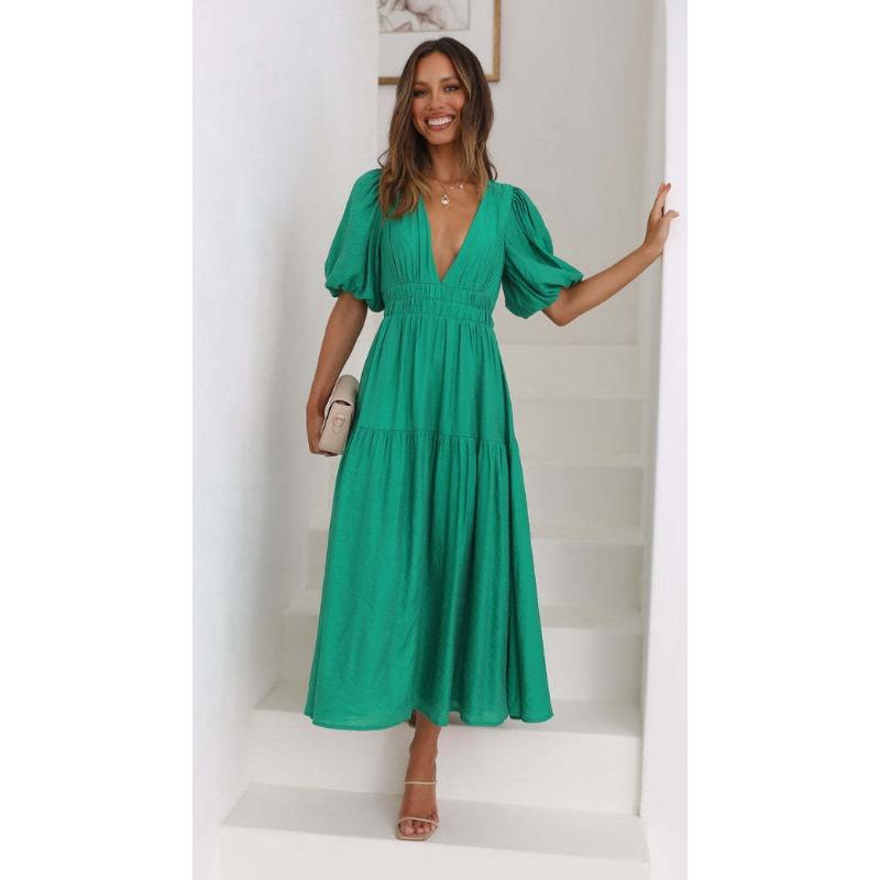 2025 Summer Deep V-neck Puff Short Sleeve Fashion Women Dress New Elegant Solid Color Loose Party Medium and Long Dress Women Slim Fit Women Clothing