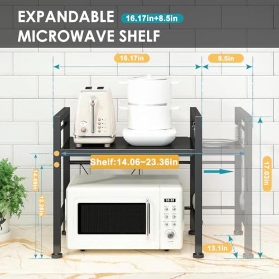 Expandable Microwave Oven Rack Countertop Stand for Kitchen Storage Carbon Steel with 3 Hooks Black