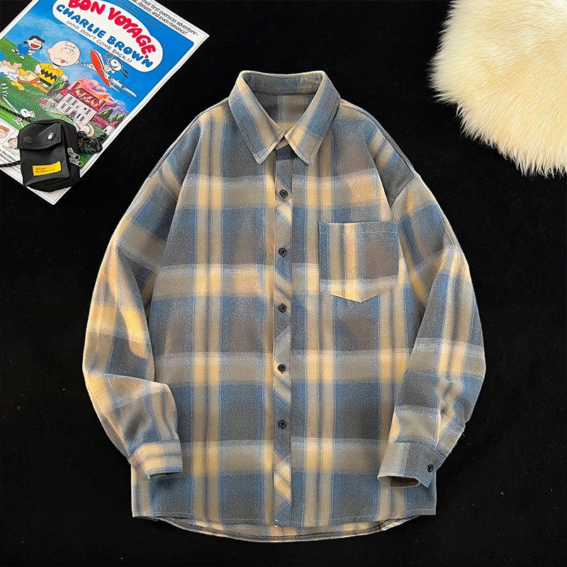 

Рубашка в клетку с длинным рукавом Японская ретро свободная куртка Мужская и женская рубашка M