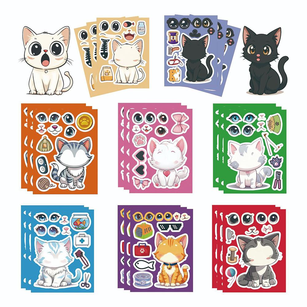 8/16sheets Kawaii Cat Cartoon Puzzle Stickers Make a Face DIY Funny Creative Assemble Jigsaw Decals Theme Party Decoration Toys