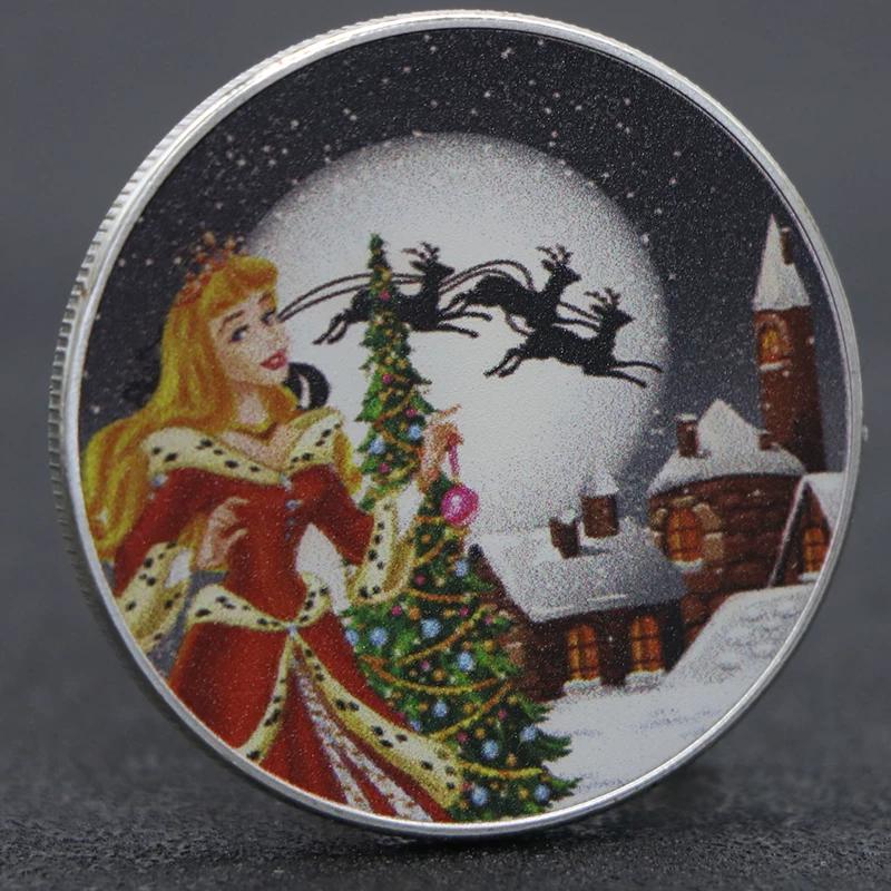 Christmas Princess Silver Plated Commemorative Coin Colored Relief Commemorative Medal Christmas Christmas Bobsleigh Colored Coin