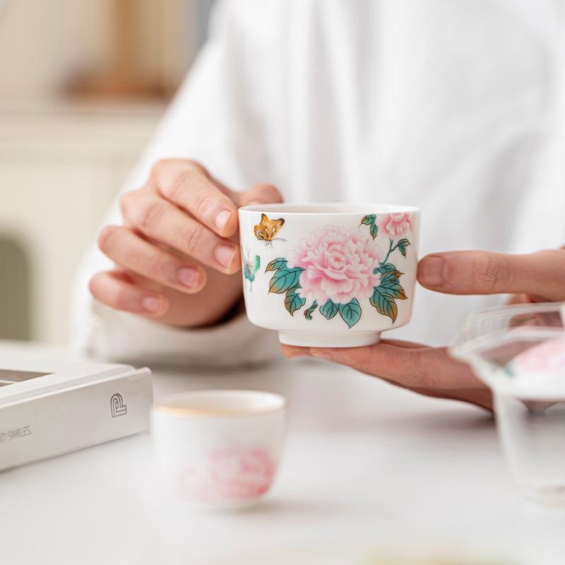 Mutton Fat Jade Ceramic Travel Tea Set - Large Covered Filter Cup Gift Box