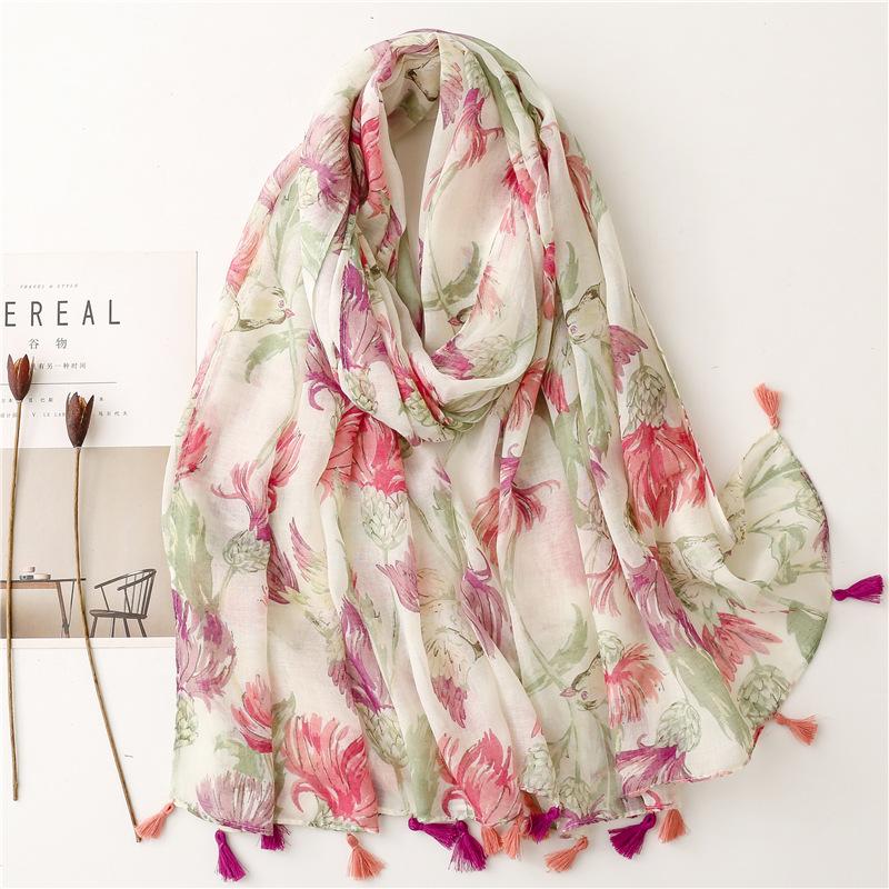 Fashion Luxury Ink Painting Floral Tassel Viscose Shawl Scarf Lady High Quality Wrap Pashmina Stole Bufandas Muslim Hijab