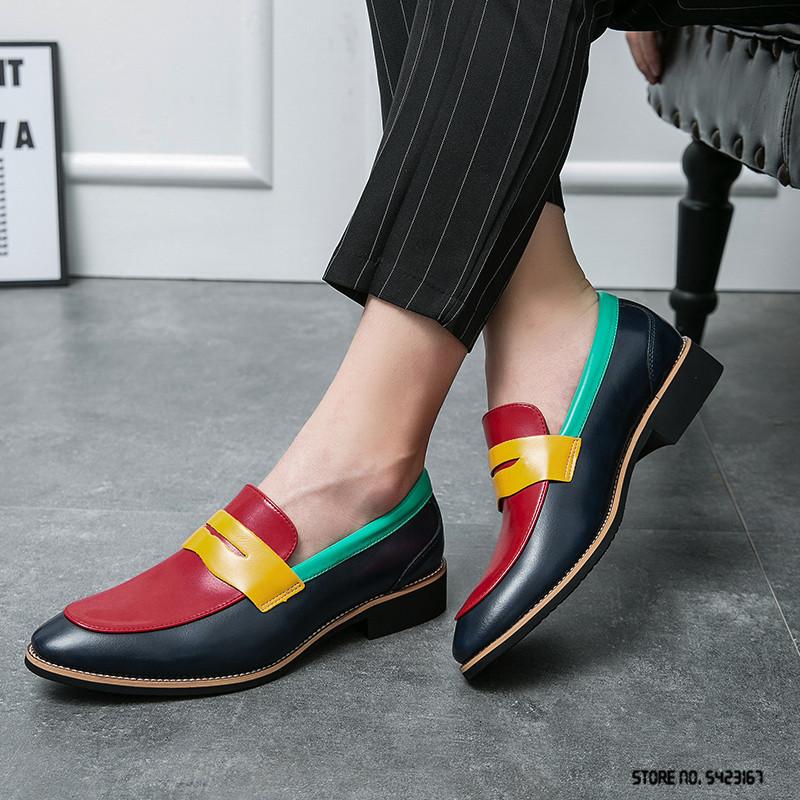 Britain Retro Colour Mix Patchwork  Pointed  Flats Oxford Shoes Men Casual Loafers Formal Dress Footwear Sapatos Tenis Masculino