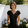 Top da Donna Scollo a V Manica Corta Design Pieghettato Camicette Colore Puro Vestibilità Slim Top Estivi Casual per Ufficio Feste Appuntamenti