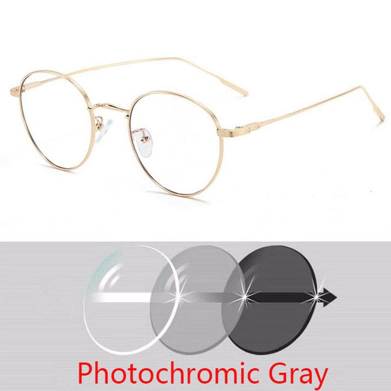 Women Round Myopia Photochromic Prescription Spectacles Metal Anti Blue Light Nearsighted Glasses Diopter 0 -0.5 -0.75 To -6.0