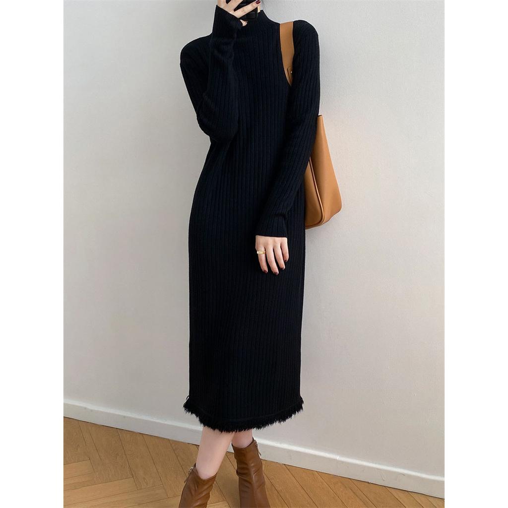 Semi-turtleneck Fringed Sweater Skirt Women's Autumn and Winter Elegant Long New Knee-length Knitted Primer Dress