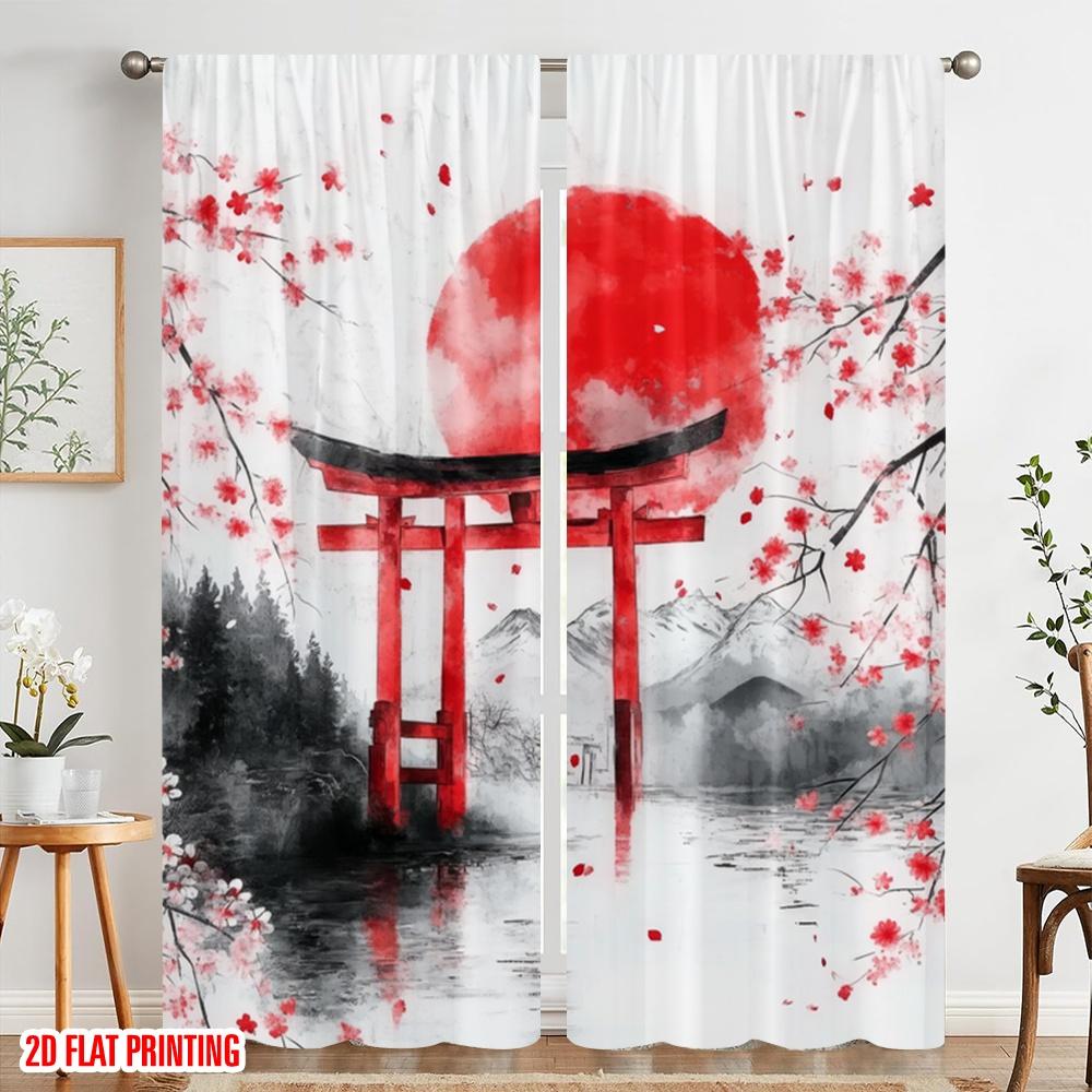 2pcs,2D Plane Printing Window Curtain Cherry Gate Sunrise Polyester (without Rod) Festive Ldeal for Bedroom, Living Room