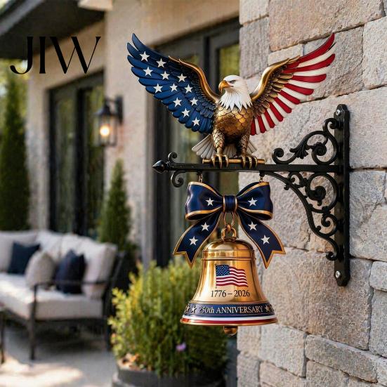 Decorative Patio Hanging Ornament Spirit of Liberty Eagle Bell, 250th Anniversary Wall Mounted Outdoor Door Bell Patriotic Metal for Front Garden