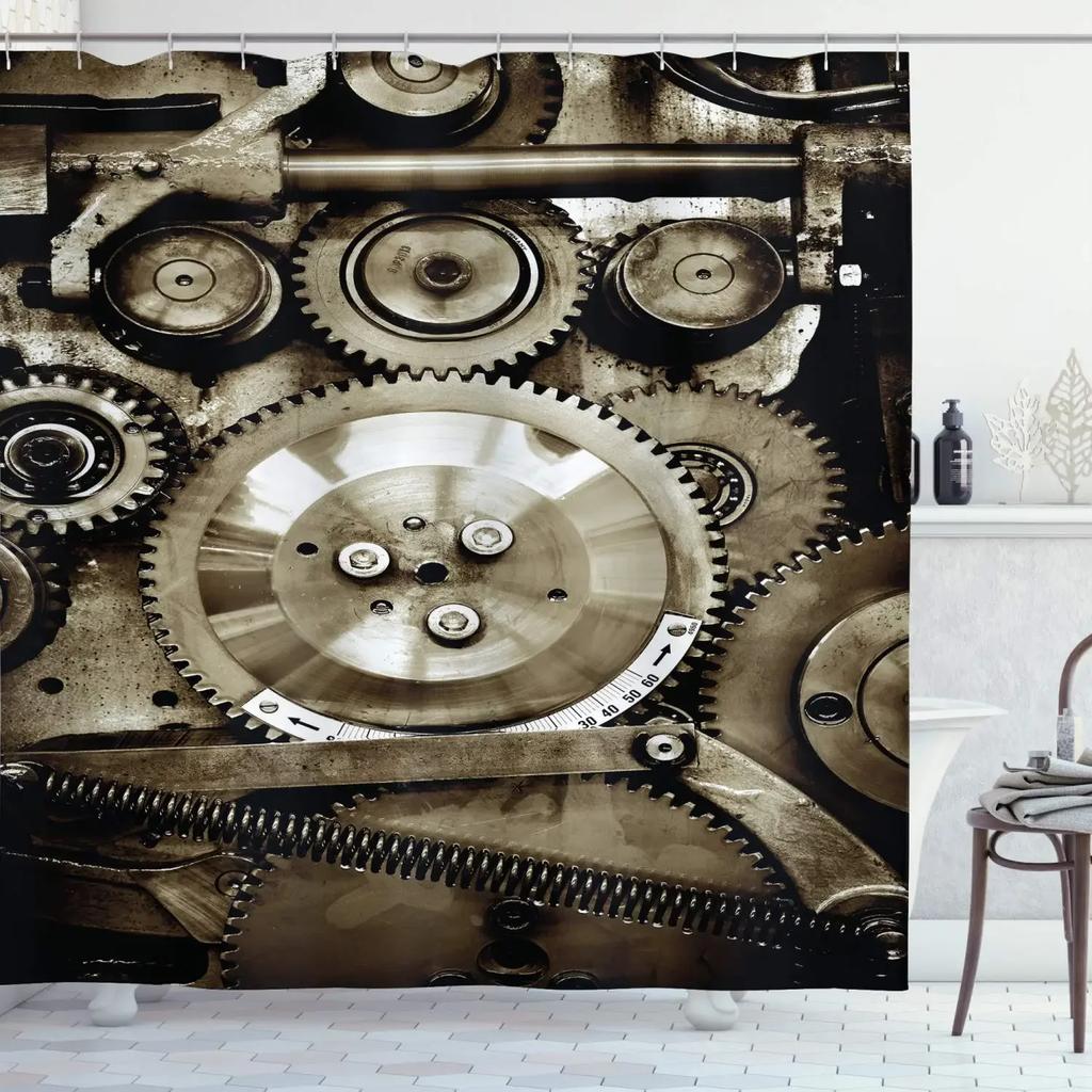 Retro Steampunk Clocks and Gears Shower Curtain Mechanical Clocks Details Over Old Metal Cloth Fabric Bathroom Curtain Set,hooks