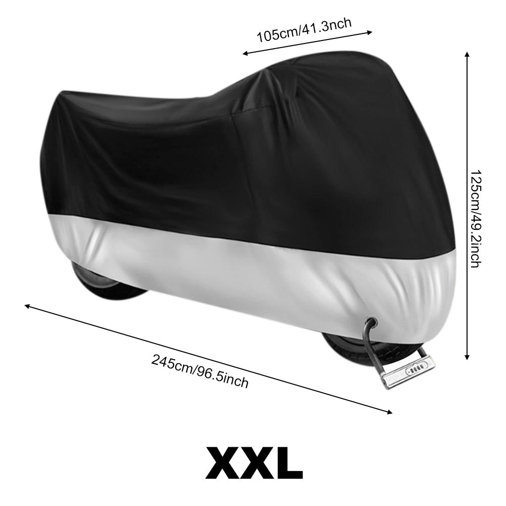 

1Pc Motorcycle Cover Waterproof All Season Dustproof UV Protection Motorbike Rain Cover Wear-resistant Fabric Outdoor Moto Cove Black Silver 2XL for 2101-2200mm